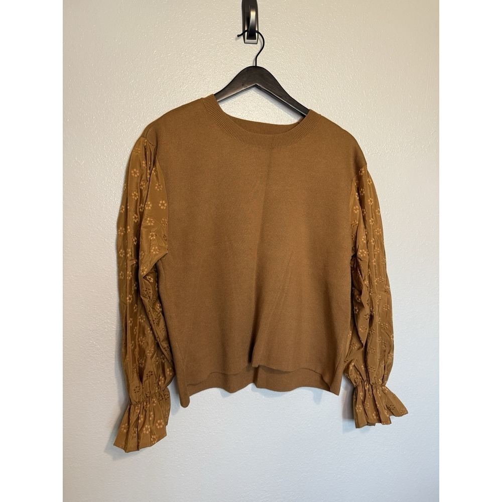 Anthropologie‎ Size XL Rust Brown Puff Sleeve Sweater Mixed Knit Embroidered